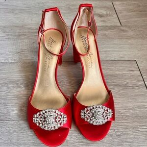 Badgley Mischka Mark & James Red Satin Ankle Strap Jeweled Sandals Heels 8